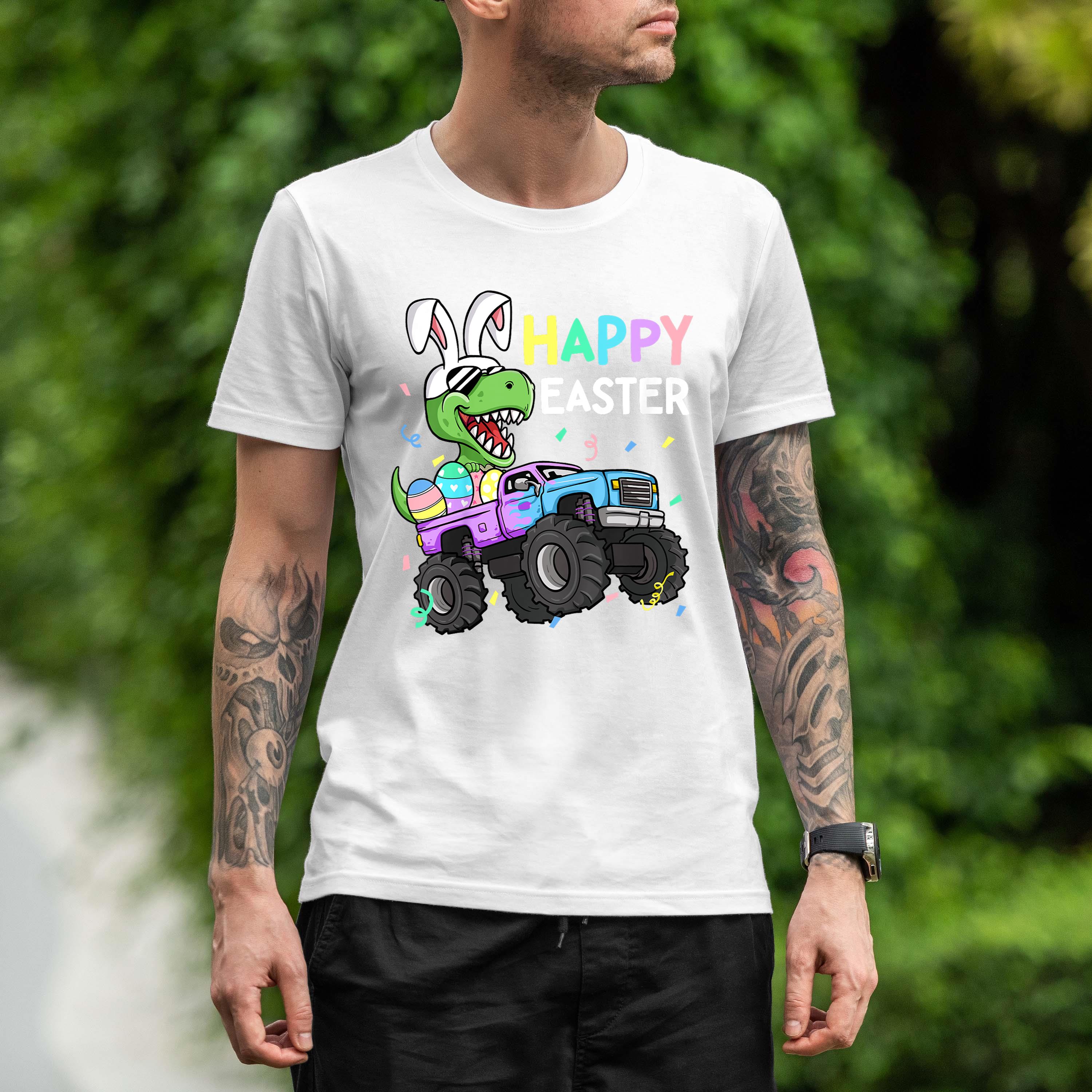 Kids Boys Happy Easter T Rex Bunny Monster Truck Rabbit Ears Shirt 